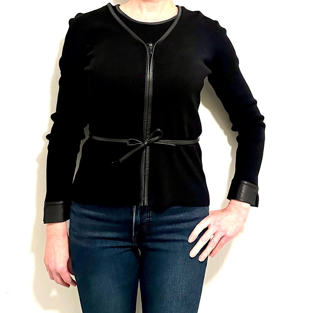 Rafaella Black Silk Cardigan set with Leather Accents